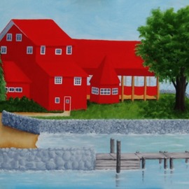 Lora Vannoord: 'the red restaurant', 2017 Oil Painting, Americana. Artist Description: This original oil painting on wood is of a Red Restaurant along Lake Champlain in Essex,  New York side.  Customers can drive there or sail there for lunch or dinner.  1 and 12 inch wooden gold frame included. ...