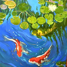Lynne Friedman: 'Koi Pond', 2011 Oil Painting, Landscape. Artist Description:   lily pond, water, landscape, blue, summer, yellow, orange, koi, fish     ...