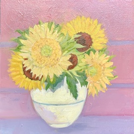 Lynne Friedman: 'sunflower season', 2022 Oil Painting, Still Life. Artist Description: Sunflower for August and a donation of 50  to Ukraine thru World Kitchens...