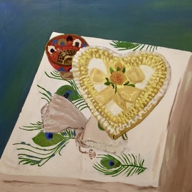 Linda Dimitroff: 'tokens', 2020 Painting, Still Life. Artist Description: This oil painting represents tokens of memories  a Valentine heart, a shell from the sea, a bowl from the past, and an old Bible, all laid out on a linen from meals past. ...