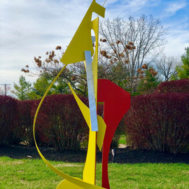 Mac Worthington: 'dance step', 2021 Aluminum Sculpture, Abstract. Artist Description: Welded aluminum painted chrome yellow   flame red. Available. Signed   dated. Certificate of Authenticity.Delivery, hanging   shipping availableStudio: 5935 Houseman Rd, historic Ostrander, Ohio.For further information on this piece or to discuss a custom design please call 614 | 582 | 6788 or email: macwartist aol. com...