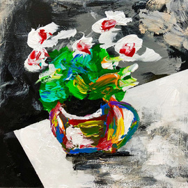 Mac Worthington: 'flowers in a teacup', 2019 Acrylic Painting, Floral. Artist Description: S O L DHeavy acrylic on stretched canvasAvailable.  Signed dated.  Certificate of Authenticity.  Ready to hang.For further information on this piece or to discuss a custom design please call 614 | 582 | 6788 or email macwartist aol.  com	...