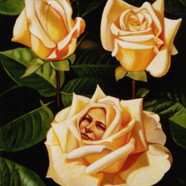 Mario Cossu: 'Yellow Roses', 1998 Oil Painting, Floral. Artist Description:  A face of a woman among yellow roses. ...