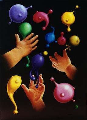 Mario Cossu: 'dream of february 21th 2000', 2000 Oil Painting, Figurative. hands of babies and colored flying objects...
