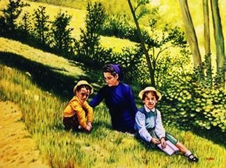 Mario Cossu: 'mother son and daughter', 2000 Oil Painting, Figurative. mother, son and daughter sitting in a meadow...