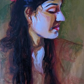 Maitrry P Shah: 'woman in thoughts', 2020 Acrylic Painting, Portrait. Artist Description: This is some thing different painting from all my art work. I am amazed by one woman sitting in the restaurant alone in deep thoughts. And I tried to create a portrait of her.  Beautiful title of this painting  woman in the thoughts ...