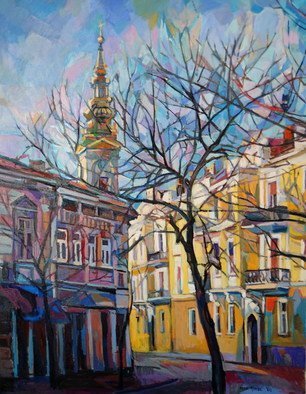 Maja Djokic Mihajlovic: 'yellow street 2', 2012 Oil Painting, Architecture. Urban landscape.Original oil on canvas .This is a unique, one of a kind original oil painting. The painting is sold unframed. It is signed on the front and comes with a Certificate of Authenticity. The painting will be carefully packed in cardboard box with layers of bubble wrap and ...