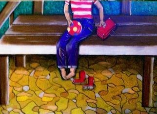 Mamu Art: 'Allein', 2008 Acrylic Painting, Undecided. Einsam sitzt der kleine Junge auf der Parkbank, den Koffer neben sich, den Ball in der Hand. Wann kommt jemand und hilft ihm, das Stiefelchen anzuziehen?    ...