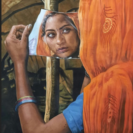 Manish Vaishnav: 'women painting tribal art', 2022 Acrylic Painting, Portrait. Artist Description: hand painted Indian lady on canvas fabric using acrylic colours. its painted using gum mix colour on a strong and durable canvas fabric. Indian beauty woman looking her face in piece of mirror. this painting is influenced by Indian women. With a very seductive look this painting will ...