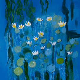 Marino Chanlatte: 'water lilies 12', 2017 Acrylic Painting, Abstract. Artist Description: I love to observe water lilies in the water and in the canvas, these are my water lilies.Edge of painting 1. 5 inches depth, painted to match with painting. Ready to hang.   flowers, water lilies, monet style, impressionism, blue, decor...
