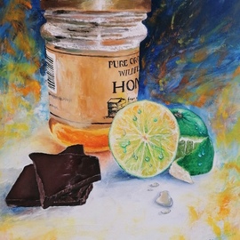 Martin Budden: 'honey and lime', 2019 Oil Painting, Still Life. Artist Description: oil on canvas. Giving a brighter version of a still life with combination of palette knife and brush. ...