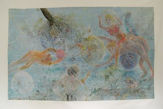 Micha Nussinov: 'Bubbling Sensation', 1997 Acrylic Painting, Surrealism.  A game with figures playing with a transparent ballons surrounded by a sea scape environment   ...