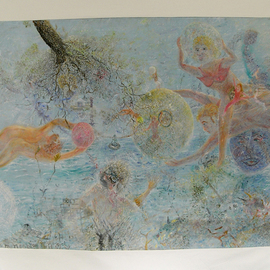 Micha Nussinov: 'Bubbling Sensation', 1997 Acrylic Painting, Surrealism. Artist Description:  A game with figures playing with a transparent ballons surrounded by a sea scape environment   ...
