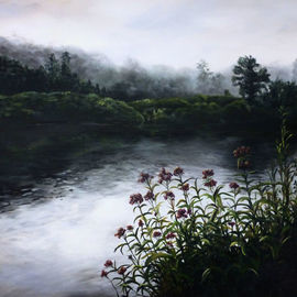 Michelle Iglesias: 'westfield river ma', 2017 Acrylic Painting, Landscape. Artist Description: Westfield River, MA was inspired by a photo my dadJohn Iglesiastook many years ago during an early morning fishing outing. He was captivated by the sun trying to pierce it s way through the morning mist.Westfield River, MA, large, original, acrylic, mist, fog, morning, day break, water, ...