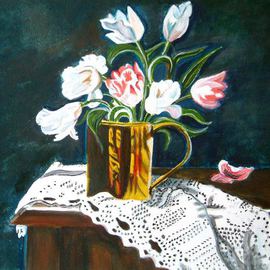 Manjiri Kanvinde: 'Still Life Tulips', 2008 Acrylic Painting, Still Life. Artist Description:   his is a original painting not a print. Gorgeous Tulips in a brass jar delicately placed on a lace cloth.Size: 11 3/ 4