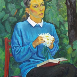 Moesey Li: 'A girl with daisies', 1987 Oil Painting, Portrait. Artist Description: realism, portrait, woman, daisies, book...