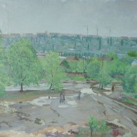 Moesey Li: 'After the rain', 1981 Oil Painting, Landscape. Artist Description: realism, landscape, puddle, trees, houses, people, Volgograd...