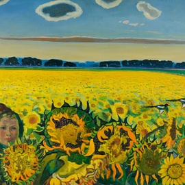 Moesey Li: 'Field of sunflowers', 1999 Oil Painting, Landscape. Artist Description: realism, sky, summer, sunflowers, clouds, field, landscape...