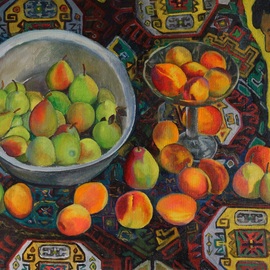 Moesey Li: 'Oriental still life', 1989 Oil Painting, Still Life. Artist Description: peaches, pears, realism, still life, carpet, woman...