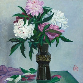 Moesey Li: 'Peonies in a black vase', 1990 Oil Painting, Floral. Artist Description: realism, still life, peonies, vase, table...