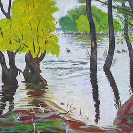 Moesey Li: 'Spill of the river Don', 1992 Oil Painting, Landscape. Artist Description: realism, landscape, river, spill, Don, ducks, trees...