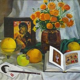 Moesey Li: 'Still life with a book', 1989 Oil Painting, Still Life. Artist Description:  realism, still life, book, icon, flowers, vase, apples...