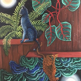 Monica Puryear: 'The Duo', 2019 Oil Painting, Cats. Artist Description: This piece depicts two cats that seem to be apart and yet are connected by their tails. ...