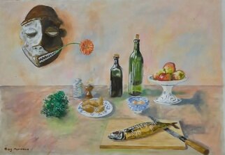 Guy Octaaf Moreaux: 'mackerel salade', 2024 Oil Painting, Still Life. 2024 is the 75th year of the disappearance of James Ensor, an important painter in the evolution of painting in Belgium.  One of his most important and certainly his biggest painting is in the Getty museum in Los Angeles. This painting is made in reference to him. , He certainly liked ...