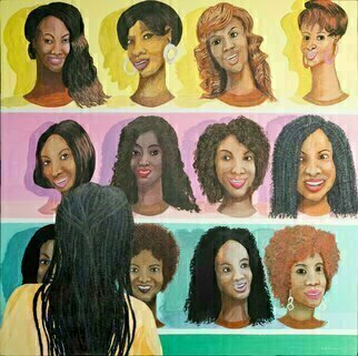 Guy Octaaf Moreaux: 'shopping for a new me', 2021 Acrylic Painting, Pop. Shopping for a new me in Nairobi is the complete title.  Acrylic and oilpaint on stretched canvas.  I was amazed to find out how popular wigs are in Kenya.  Mostly women love to change hairstyles drastically.  A kenyan friend chose romantic, african and western styles from a large collection. ...