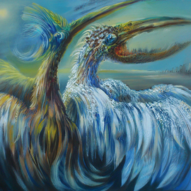Rafal Mruszczak: 'birds', 2017 Oil Painting, Surrealism. Artist Description: Keywords: beaks, birds, blue, wings, fable, fantastical, feathers, awkward, monstrous ...
