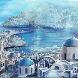 Rafal Mruszczak: 'greek coast', 2017 Oil Painting, Landscape. Artist Description: Keywords: sea, shore, blue, town, water, buildings, greece, architecture, harbour ...