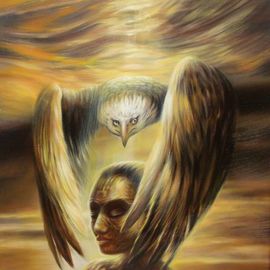 Rafal Mruszczak: 'guardian', 2017 Oil Painting, Surrealism. Artist Description: Keywords: protected, sepia, sunset, wing, woman, eagle, guardian, head, magical, fantasy...