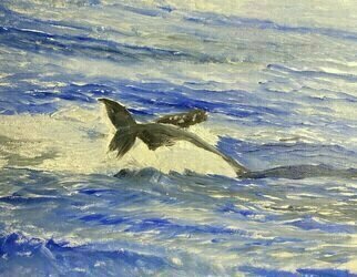 Michael Garr: 'battling humpbacks', 2023 Oil Painting, Marine. Two males vying for the attention of a female in the waters off Maui in 2020...