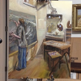 Michael Garr: 'lorena in her studio', 2018 Oil Painting, Interior. Artist Description: Lorena Pugh working on her big wave...