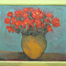 Nadia Gyulcheva: 'Orange flowers in yellow vase', 2018 Oil Painting, Floral. Artist Description: The red flowers on my grannys table I always remeber when thinking about her...