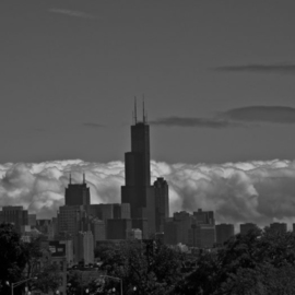 Black and White Cloudy skyline Chicago By Nancy Bechtol