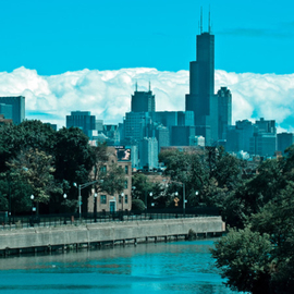Blue Skyline Chicago River By Nancy Bechtol