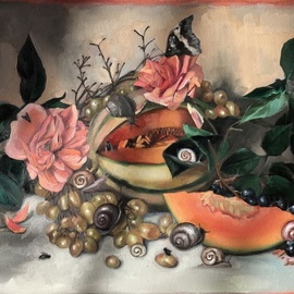 Anastasia Terskih: 'still life with melon', 2021 Oil Painting, Still Life. Artist Description: Original Oil Painting on canvas  Still life with melon, tea roses, grapes, snails and butterflies aEURC/ Artist - Anastasia TerskihaEURC/ Painted in 2021aEURC/ Comes with a certificate of authenticityaEURC/ UnframedHeight: 50 cm   19. 6 inchesLength: 70 cm   27. 5 inches...