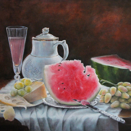 Nataly Kartseva: 'still life with watermelon', 2017 Oil Painting, Still Life. Artist Description: watermelon, oil, canvas...