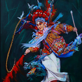 Richard Barone: 'dan chinese opera', 2017 Oil Painting, World Culture. Artist Description: Dan is the general name for female roles in Chinese opera, often referring to leading roles. They may be played by either actors or actresses.Exaggerated paints on opera performer s face which ancient warriors decorated themselves to scare the enemy are used in the opera  each color ...
