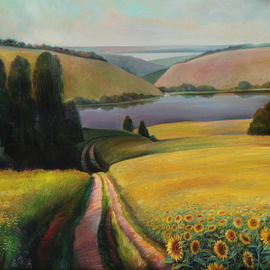Sergey Lesnikov: 'down to the river', 2021 Oil Painting, Landscape. Artist Description: Summer ladscape, Volga river...