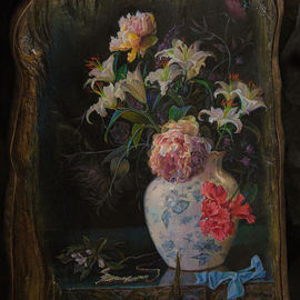 Sergey Lesnikov: 'still life with necklace', 2017 Oil Painting, Floral. Artist Description: artwork on heavy vintage piece of wood, framed in metall. . ...
