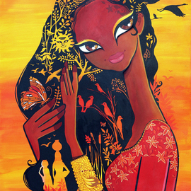 Niloufer Wadia: 'DUSK', 2015 Acrylic Painting, Figurative. Artist Description:  Dusk, red, orange, woman, exotic, pop- art, fantasy, night time, birds, imagination ...