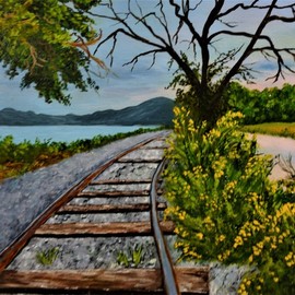 Marilyn Domilski: 'abandoned railroad track', 2021 Oil Painting, Landscape. Artist Description: This is a painting of abandoned railroad tracks along the Hudson River near Kingston New York.  In years gone by these tracks would have delivered goods to this area before the interstate highways took over the trade.  However, a kind of wild beauty has taken over which I ...