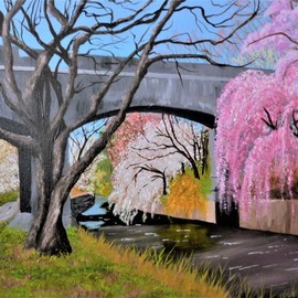 Marilyn Domilski: 'cherry blossoms', 2018 Oil Painting, Landscape. Artist Description: Cherry Blossoms measures 16 x20original oil on canvas and features a park during the Spring season.  Many hues of pinks, lavenders and white abound.  A footbridge crosses over a creek.  Along the creek is a pedestrian path featuring many trees and foliage. ...
