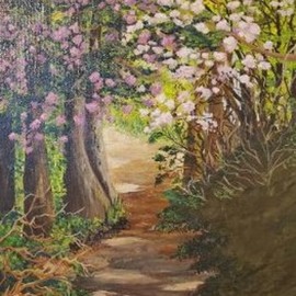 Marilyn Domilski: 'forest spring path', 2021 Oil Painting, Landscape. Artist Description: The forest in spring is depicted in this painting. Beautiful blooming trees line a hidden forest path. ...