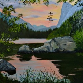 Marilyn Domilski: 'high country twilight', 2018 Oil Painting, Landscape. Artist Description: High Country Twilight depicts the last rays of a pastel sunset.  The sky and clouds are reflected in the lake below creating beautiful reflections.  Cliffs and forests make up the background while rocks, reflections and foliage in the foreground make for a calming and beautiful scene. ...