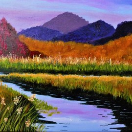 Marilyn Domilski: 'mountain sunset', 2021 Oil Painting, Landscape. Artist Description: The mountains are surrounded by the late day light.  Reflections are seen in the marshy stream. ...