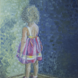 Natia Khmaladze: 'Masho', 2014 Oil Painting, Portrait. Artist Description:   little girl child kid in the corner red dress curly hair cute red shoes standing oil on canvas impressionism  ...
