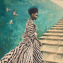 Natia Khmaladze: 'Oh Life', 2015 Oil Painting, Portrait. Artist Description:   Female portrait butterflies stairs long dress colour afro black and white turquoise woman with a long dress dreamy    ...